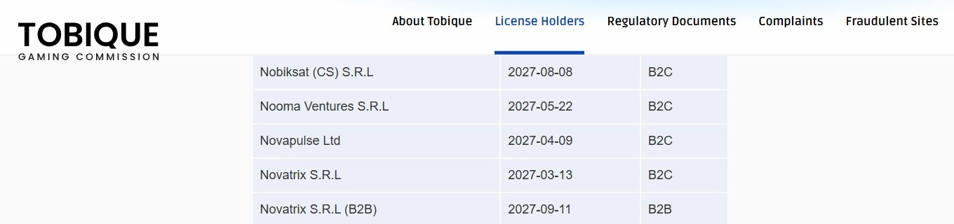 Tobique Gaming Commission licence-holder register entry for Novatrix SRL