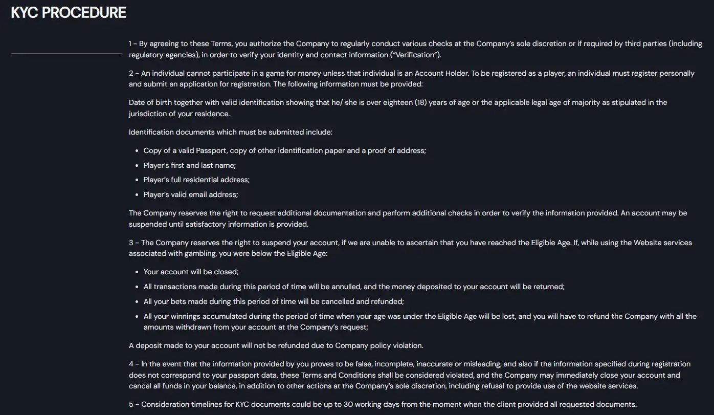 Slotozen KYC procedure page showing current verification requirements