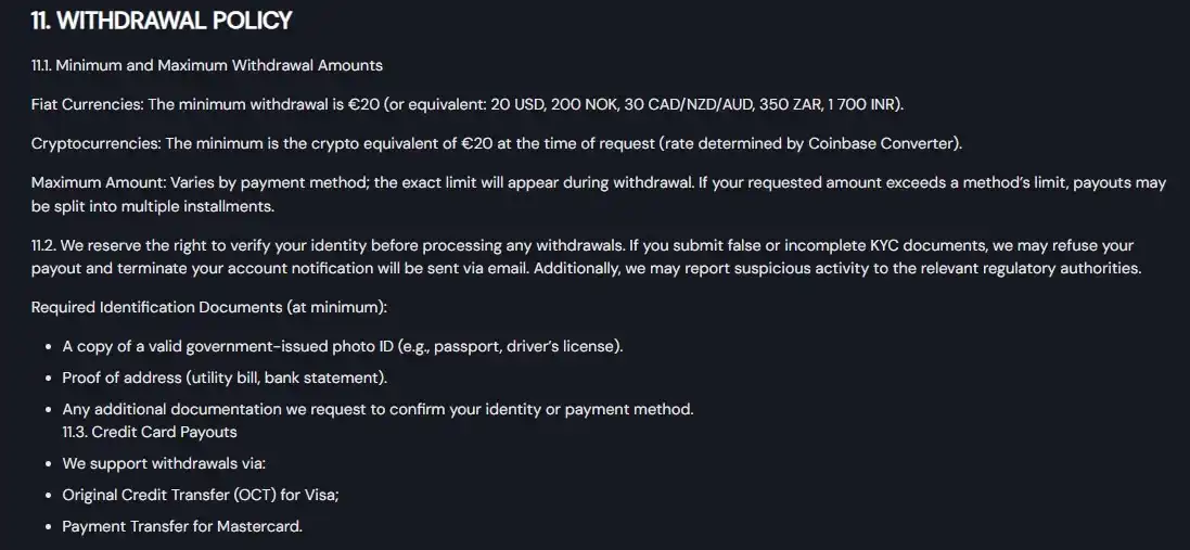 Current Slotozen withdrawal policy in the official Terms