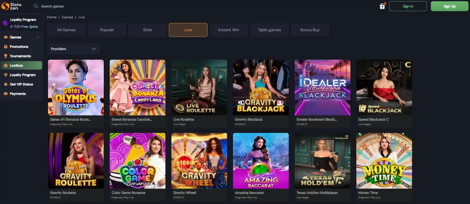 Current Slotozen Live Casino lobby