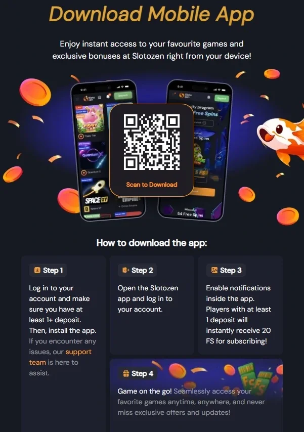 Current Slotozen mobile app or install page
