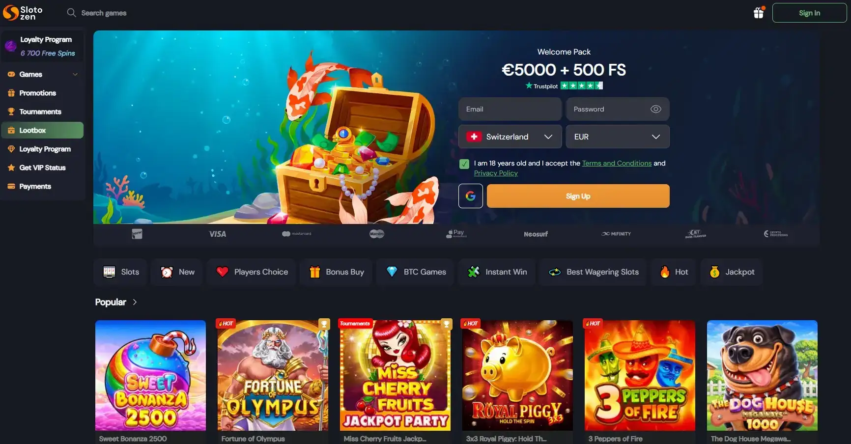 Current Slotozen casino homepage and lobby interface